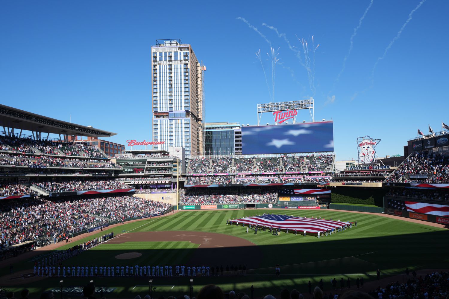 Oct 10, 2023; Minneapolis, Minnesota, USA; General view of the stadium during the National Anthem before the game between the Minnesota Twins and the Houston Astros during game three of the ALDS for the 2023 MLB playoffs at Target Field.